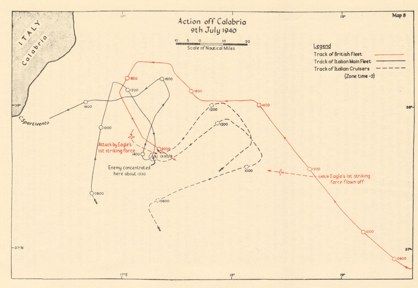 Naval Battle of Calabria, 9th July 1940. Sketch map. World War 2 1954 old
